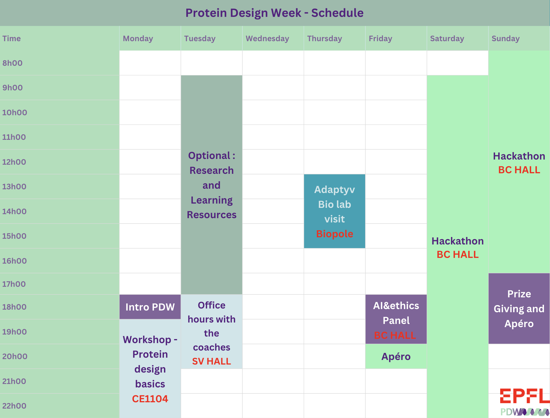 PDW schedule - overview